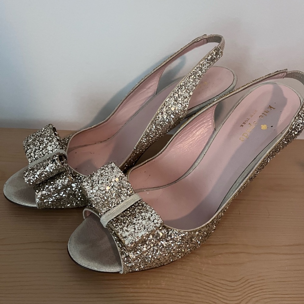 Kate Spade Gold Glitter Bow Slingback Heels